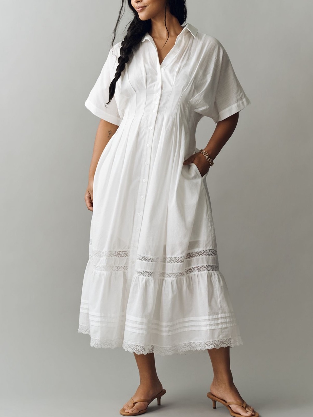 Anthropologie Tobie White Button-Front Lined Maxi Dress with Lace Trim XS